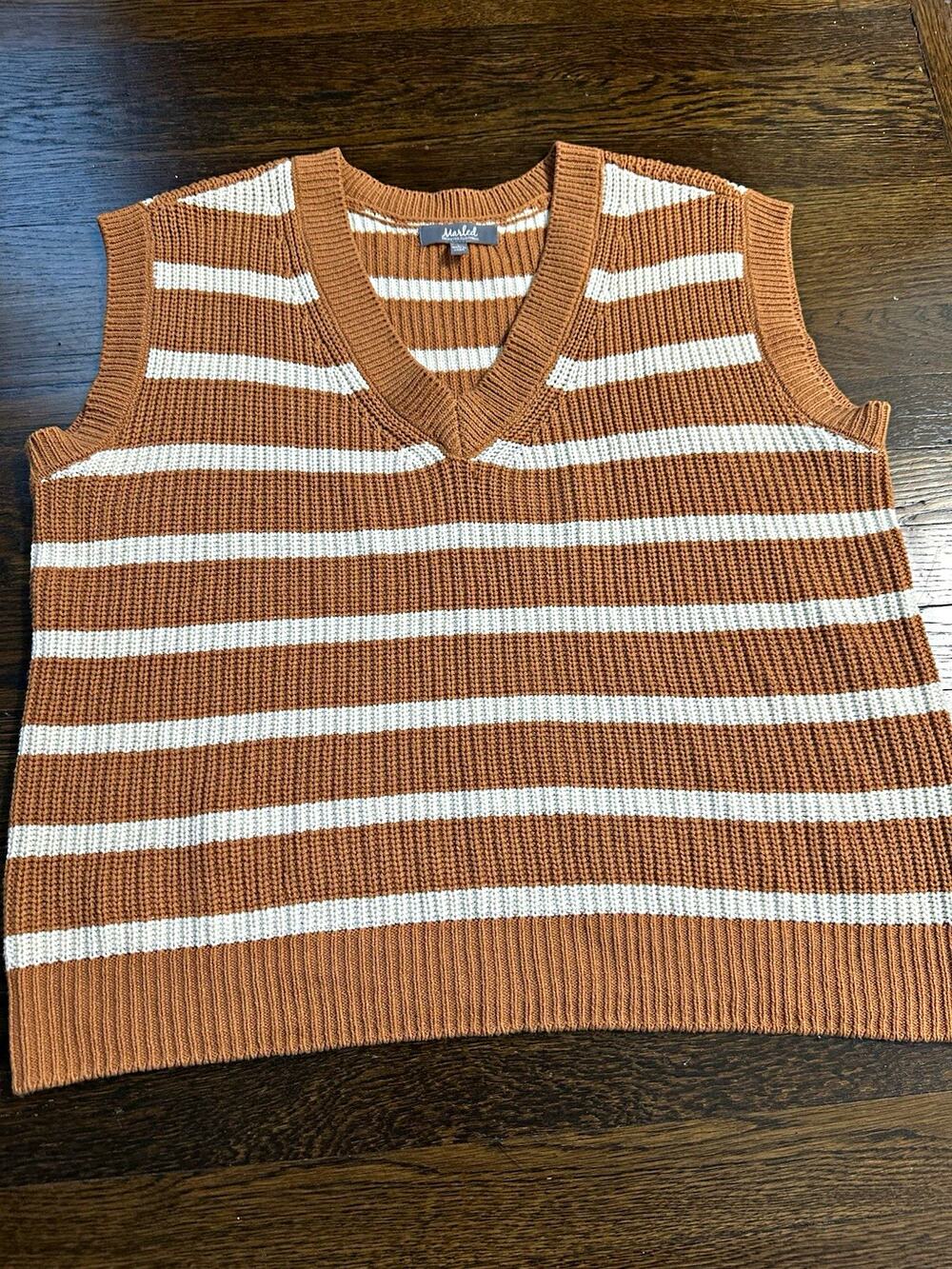 Marled Women’s Brown/White Striped Ribbed Knit V-Neck Sweater Vest Size L
